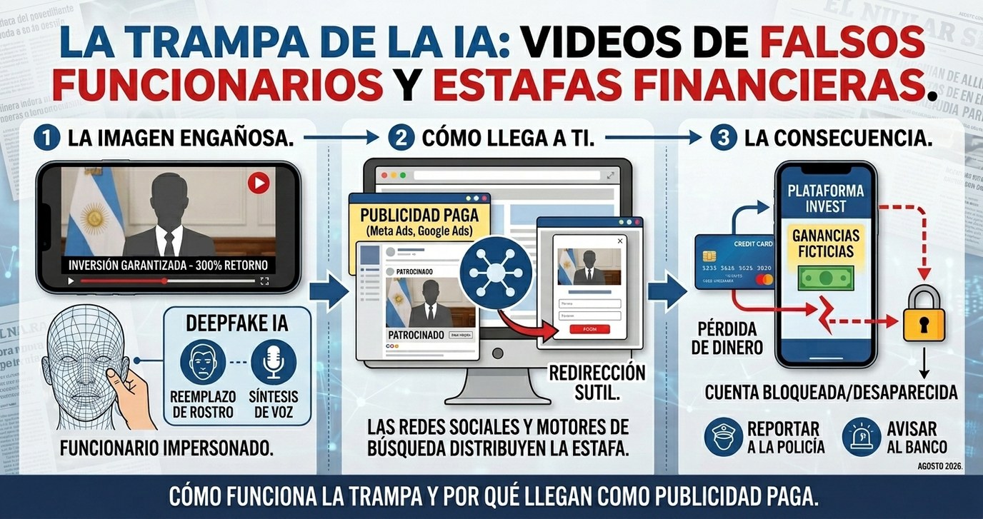 Infografía en tres pasos: el video deepfake de un funcionario impersonado, su distribución como publicidad paga en Meta y Google, y la pérdida de dinero en una plataforma con ganancias ficticias