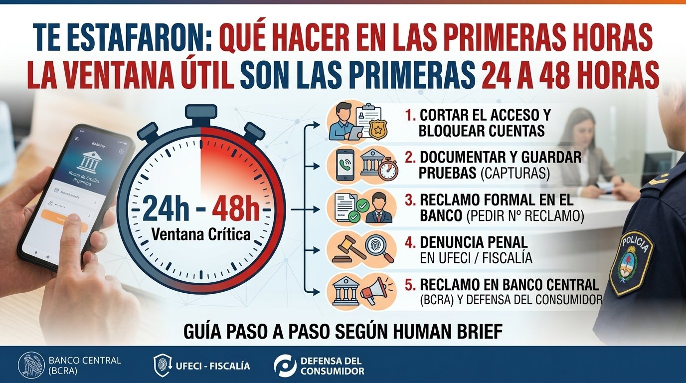 Infografía con un cronómetro que marca la ventana crítica de 24 a 48 horas y los cinco pasos: cortar el acceso, documentar pruebas, reclamo formal en el banco, denuncia penal en UFECI y reclamo ante el Banco Central y Defensa del Consumidor