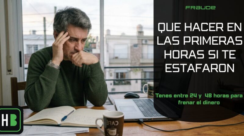 Hombre preocupado frente a una computadora y una libreta, revisando su cuenta tras una estafa digital