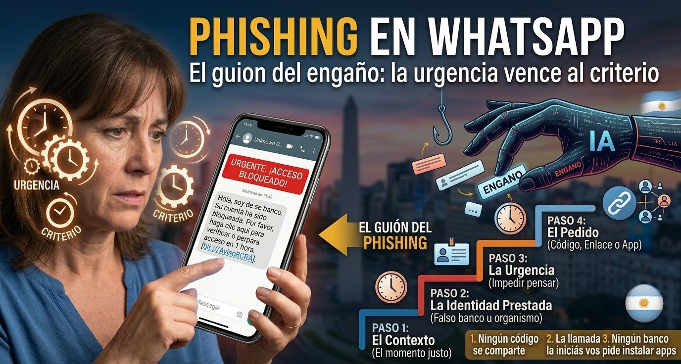 Infografía del guion del phishing por WhatsApp en cuatro pasos: el contexto, la identidad prestada, la urgencia y el pedido de un código, enlace o aplicación