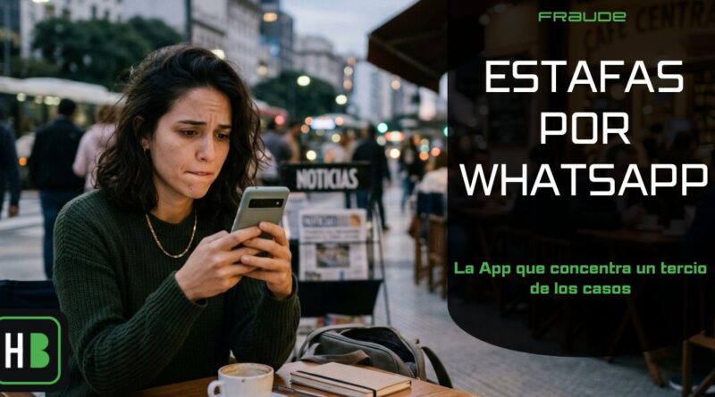 Mujer con expresión de preocupación mirando su teléfono en un café de una calle porteña